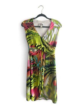 Joseph Ribkoff Abstract Print Dress Ruched Waist V Neck Colorful Size 6